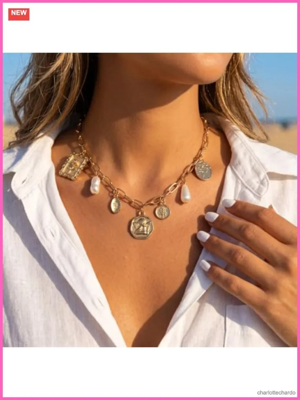 Gold Charm Necklace Beach Jewelry Women Shell Pearl Coin Paperclip Chain Boho